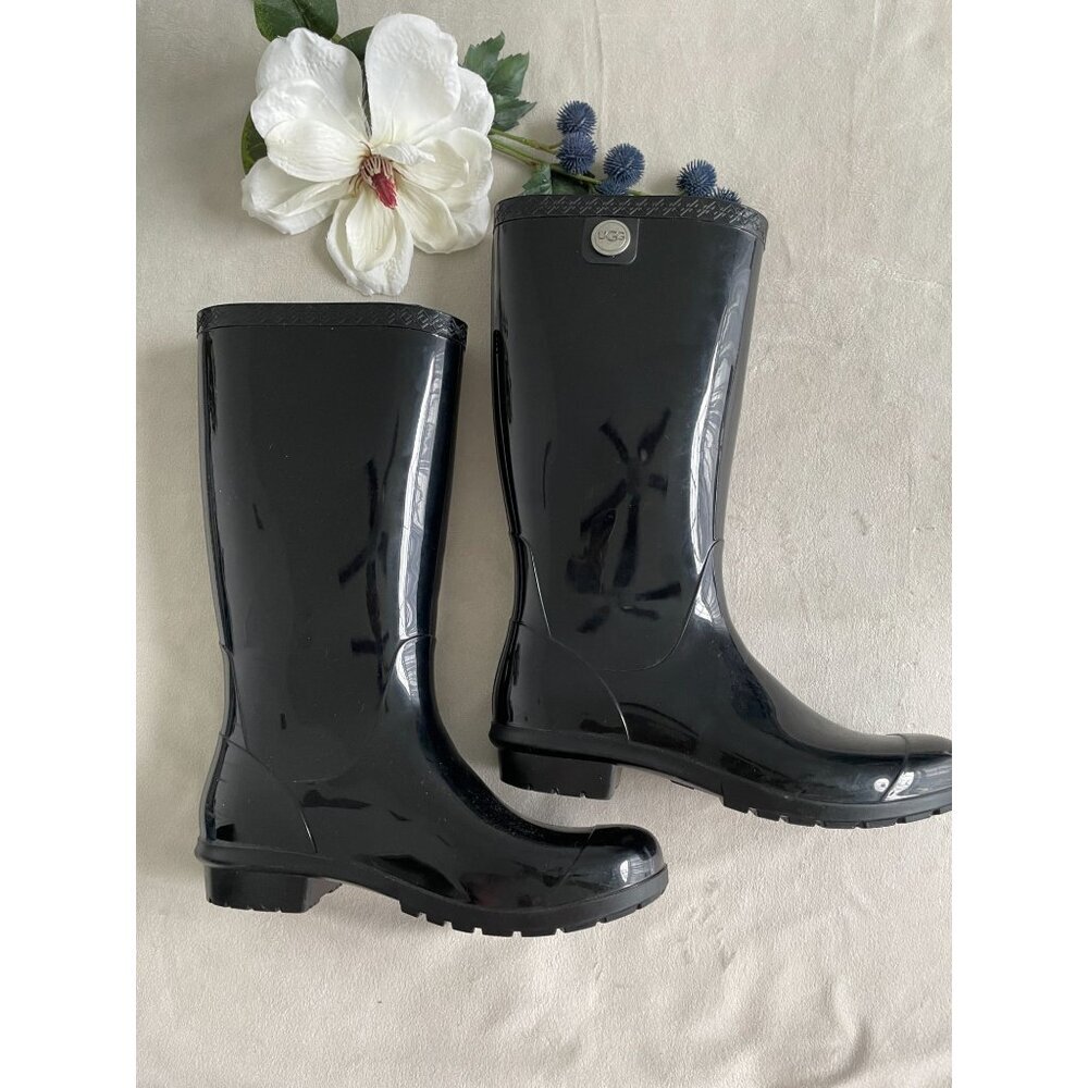 UGG Womens Classic Shaye Tall Rain Rubber Boots High-Gloss Black Waterproof 8